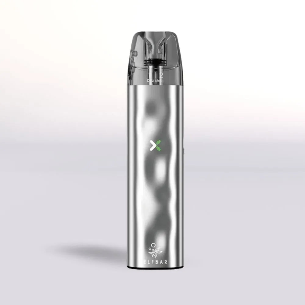 
Silver  Elf Bar ElfX Mini vape device with a brand logo on a light gray background