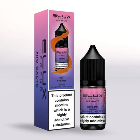 
Elux Legend 20mg Nic Salts Fizzy Cherry e-liquid 10ml bottle and packaging on a white background