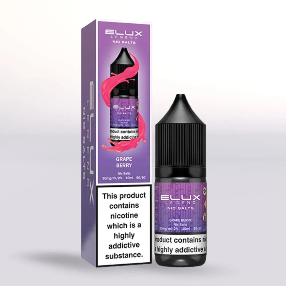 Elux Legend Grape Berry 20mg nicotine salt packaging and 10ml bottle on a white background
