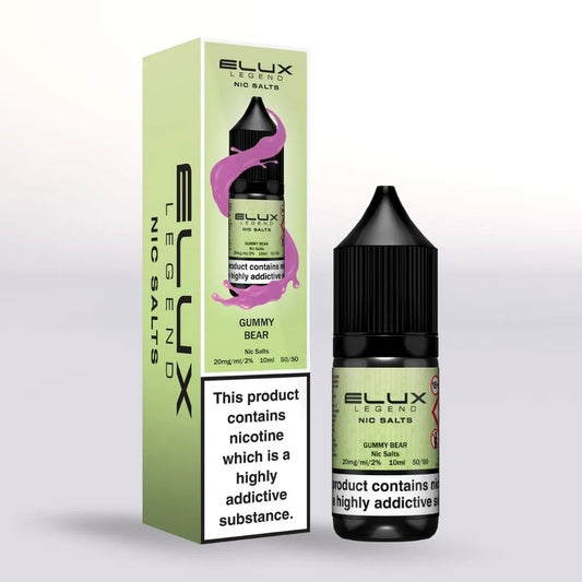 
Elux Legend 20mg Nic Salts Gummy Bear 10ml bottle and packaging on a white background