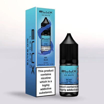 
Mr blue 20mg nicotine salt E-liquid 10ml bottle and packaging with 'Elux' branding on a white background 