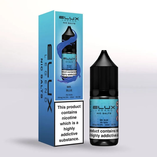 
Mr blue 20mg nicotine salt E-liquid 10ml bottle and packaging with 'Elux' branding on a white background 