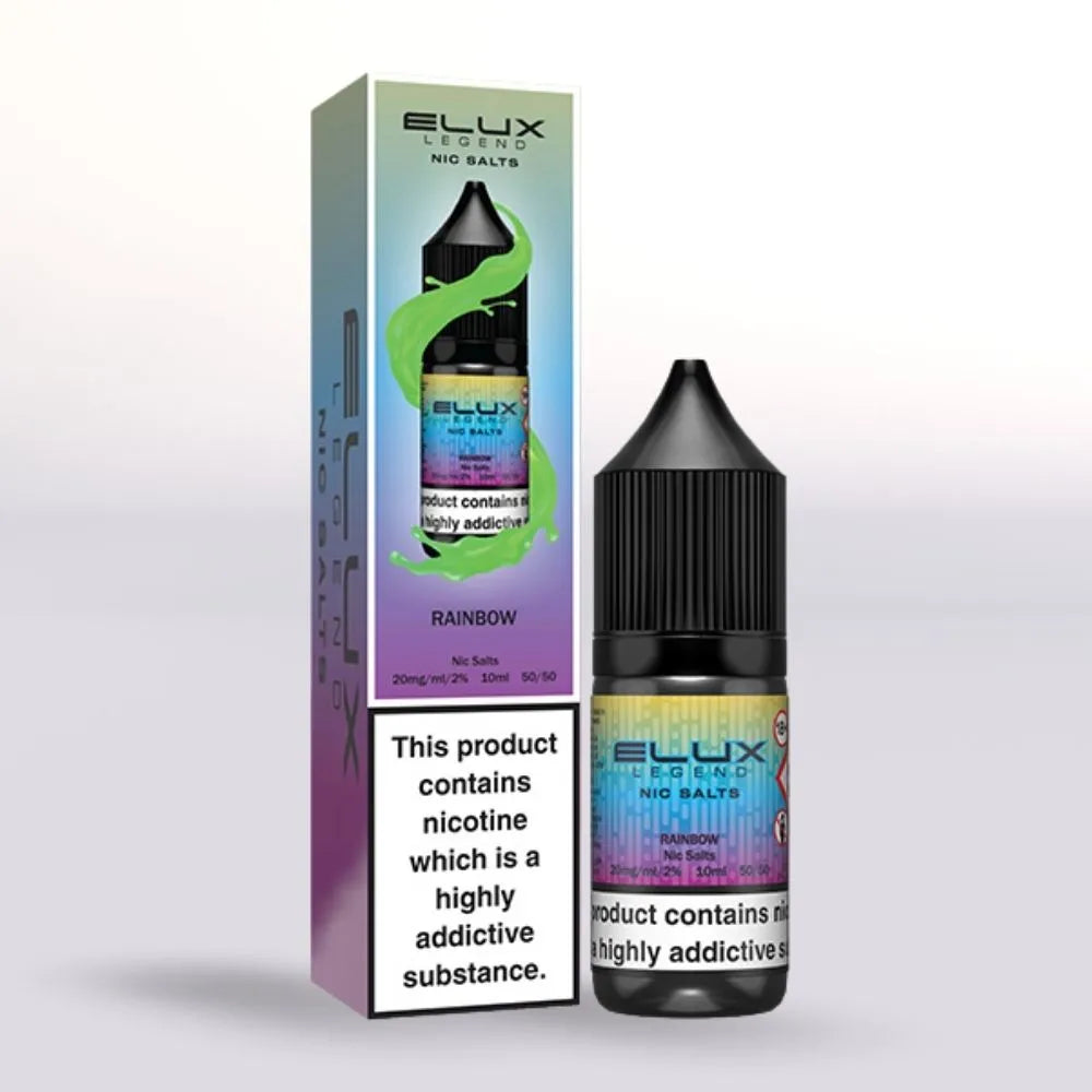 Elux Legend 20mg Nic Salts Rainbow 10ml bottle and packaging on a white background