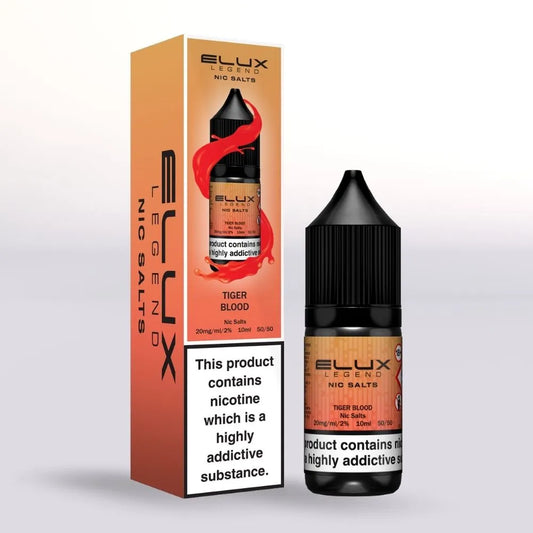 
Elux Legend 20mg Nic Salts Tiger Blood vape juice 10ml bottle and packaging on a white background