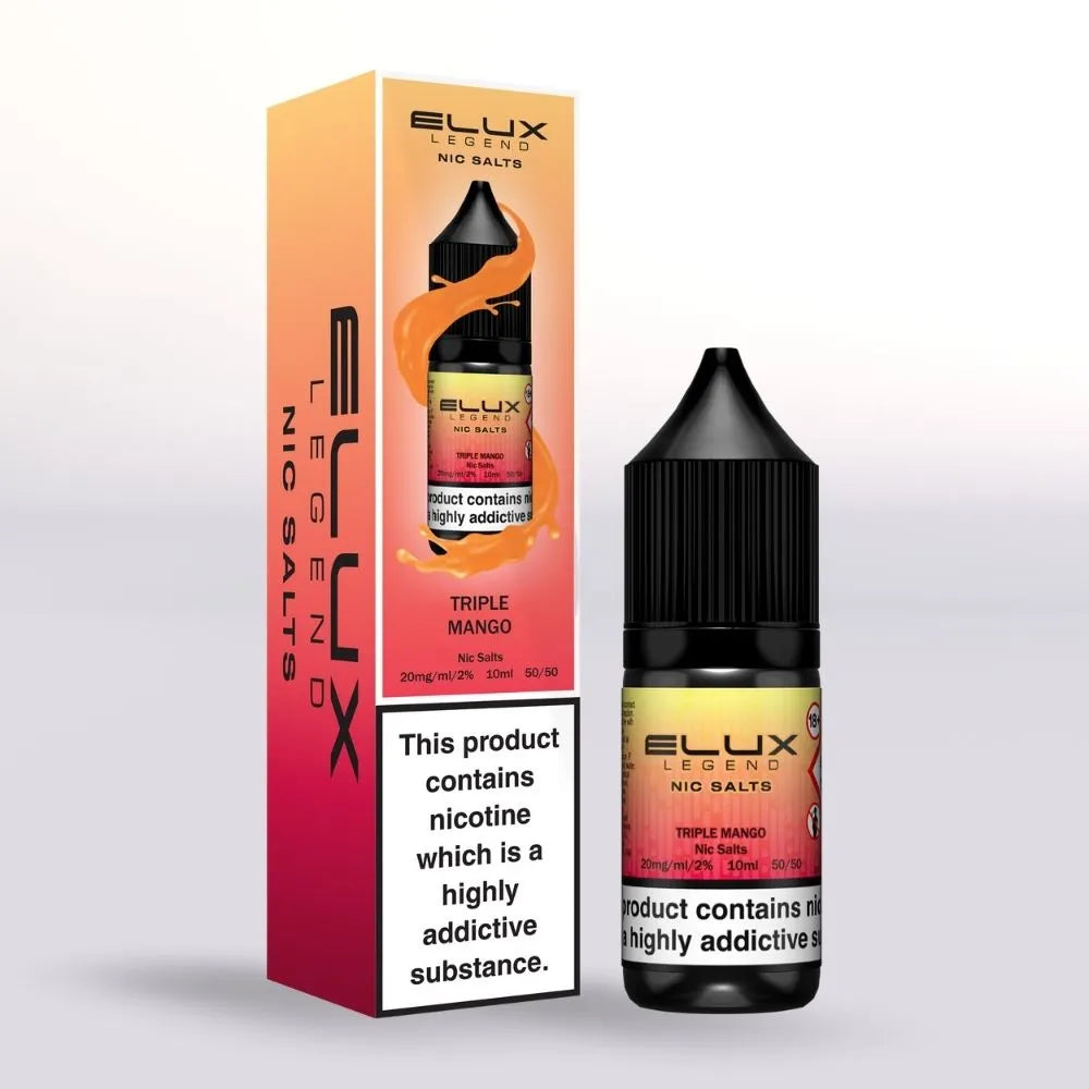 Elux Legend 20mg Nic Salts Triple Mango e-liquid 10ml bottle and packaging on a white background