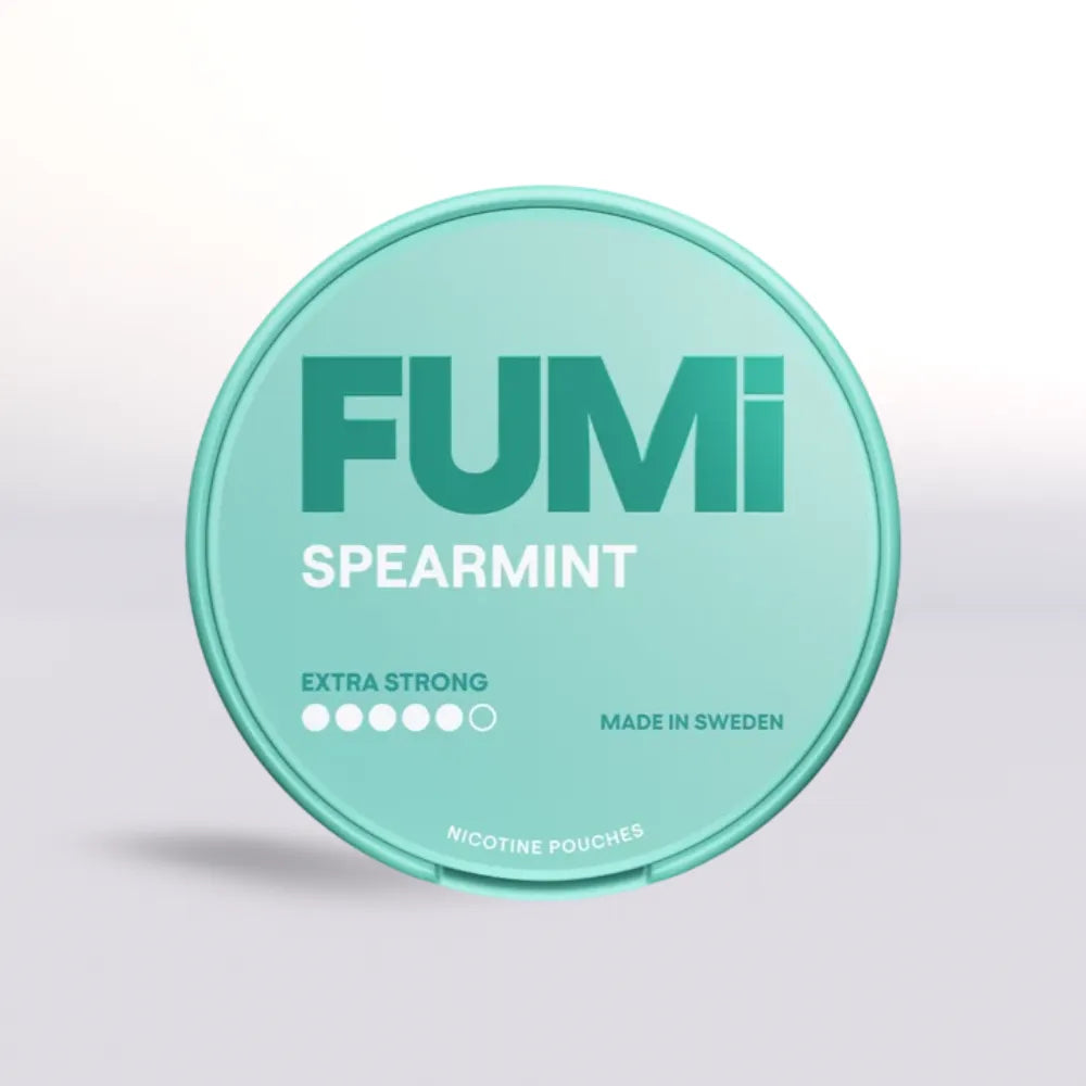 Fumi Spearmint nicotine pouch container on a light gray background 11mg