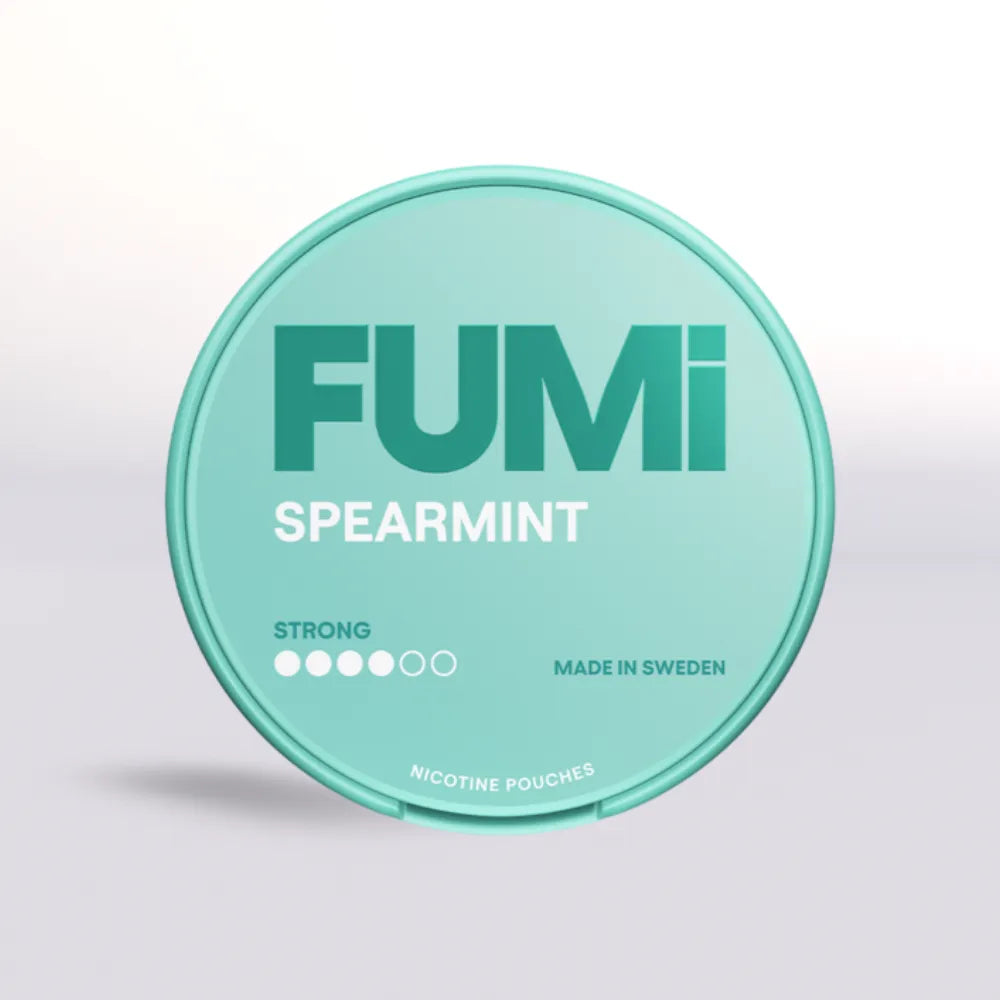 Mint green container of FUMi Spearmint nicotine pouches on a light gray background 8mg