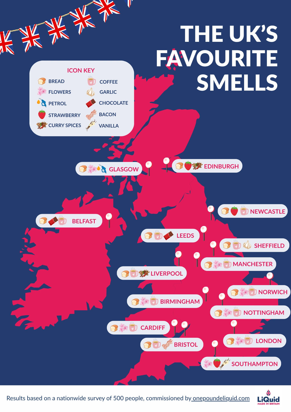 A map depicting the UK's favourite smells across various cities