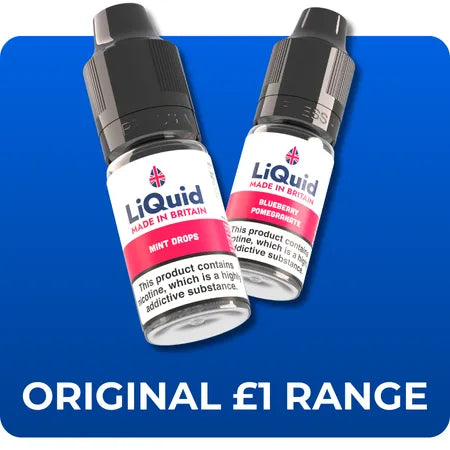 Two bottles of LiQuid e-liquid on a blue background with text about the product range. Original Range UK Made One Pound eliquid