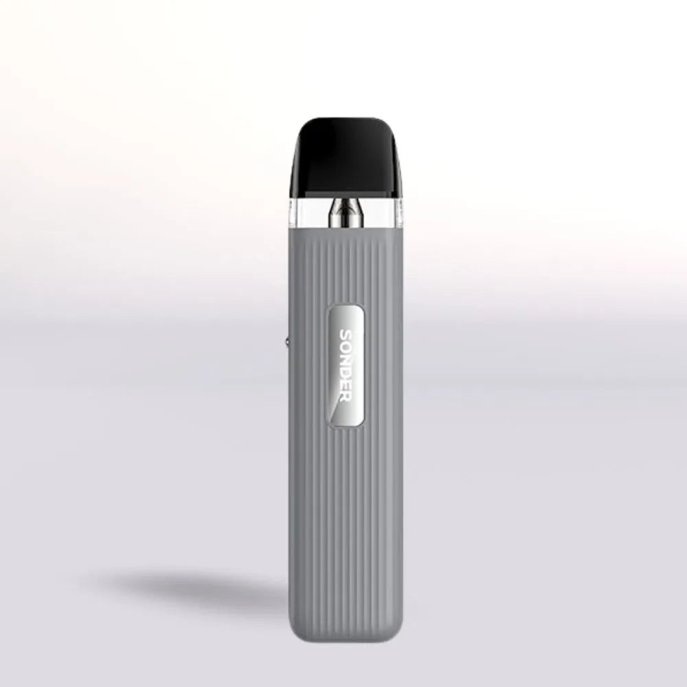 
Gray Geek Vape Sonder Q vape device with black top on a light gray background