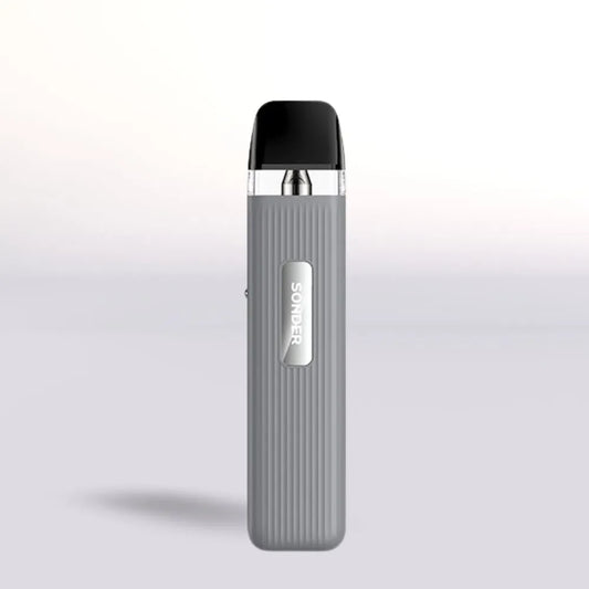
Gray Geek Vape Sonder Q vape device with black top on a light gray background
