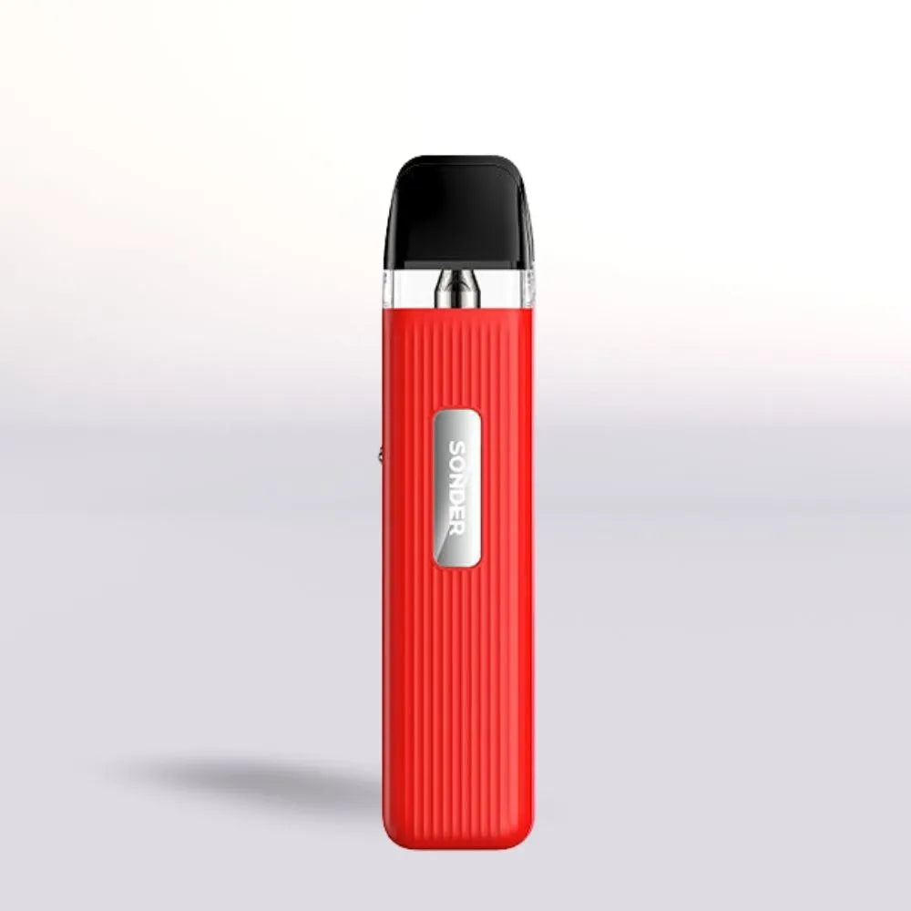 Red Geek Vape Sonder Q vape device with black top on a light gray background