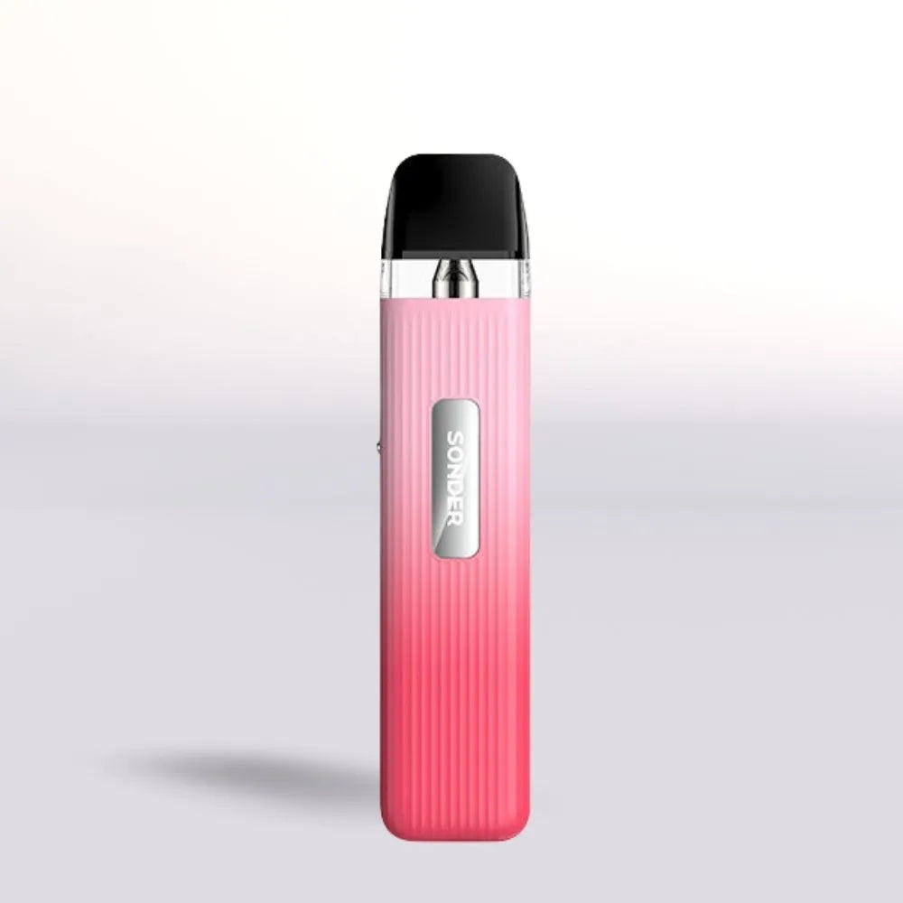 Pink Geek Vape Sonder Q vape device with black top on a light gray background