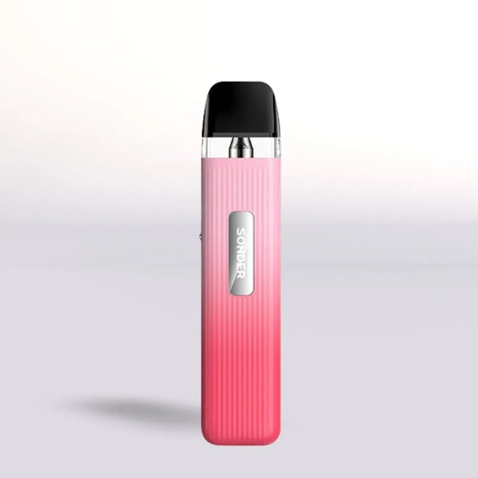 
Pink Geek Vape Sonder Q vape device with black top on a light gray background