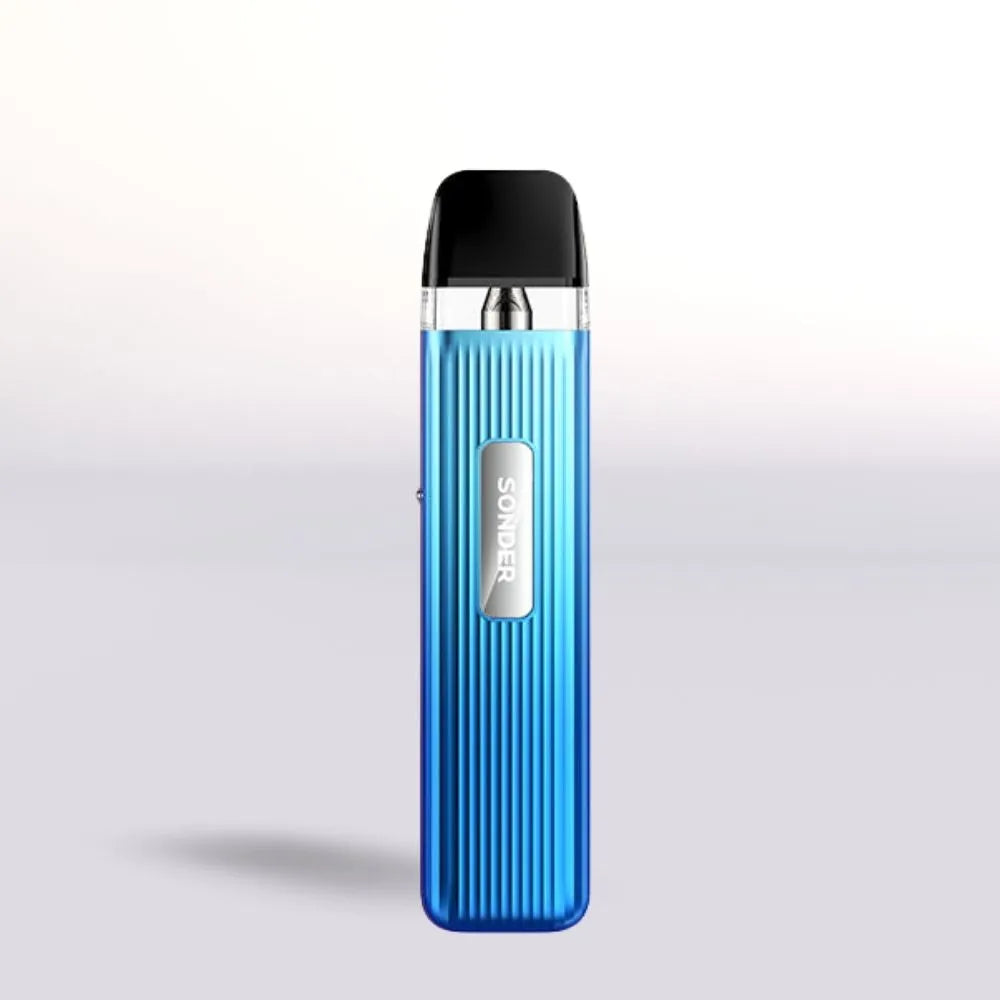 Blue Geek Vape Sonder Q vape device with black top on a light gray background