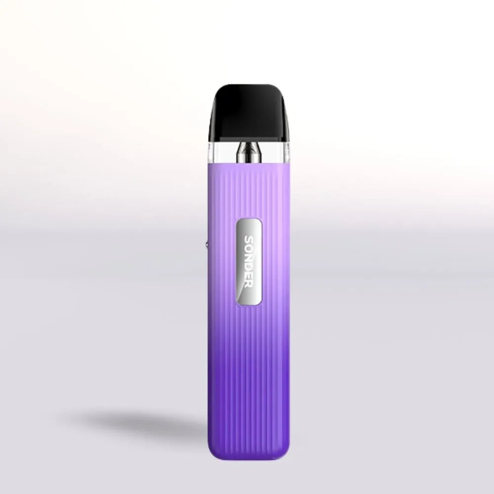 
Purple Geek Vape Sonder Q vape device with black top on a light gray background