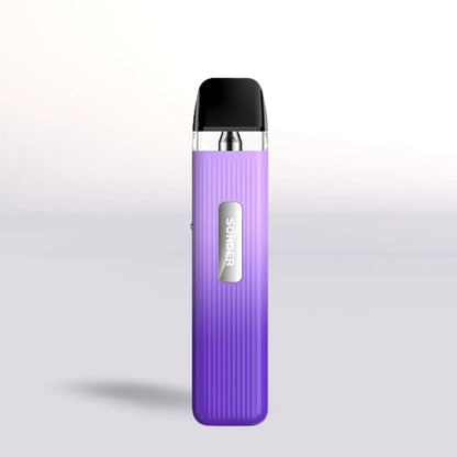 
Purple Geek Vape Sonder Q vape device with black top on a light gray background