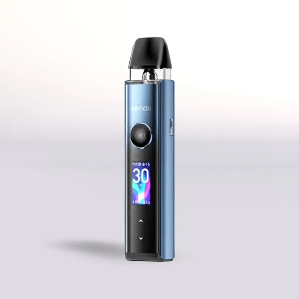 Blue  Geek Vape Wenax Q Pro vape device with digital display on a light gray background