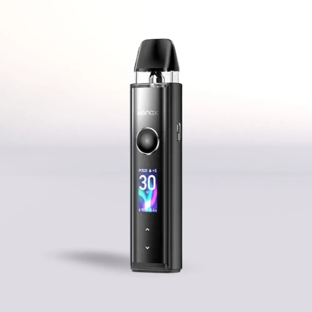 Black Geek Vape Wenax Q Pro vape device with digital display on a light gray background
