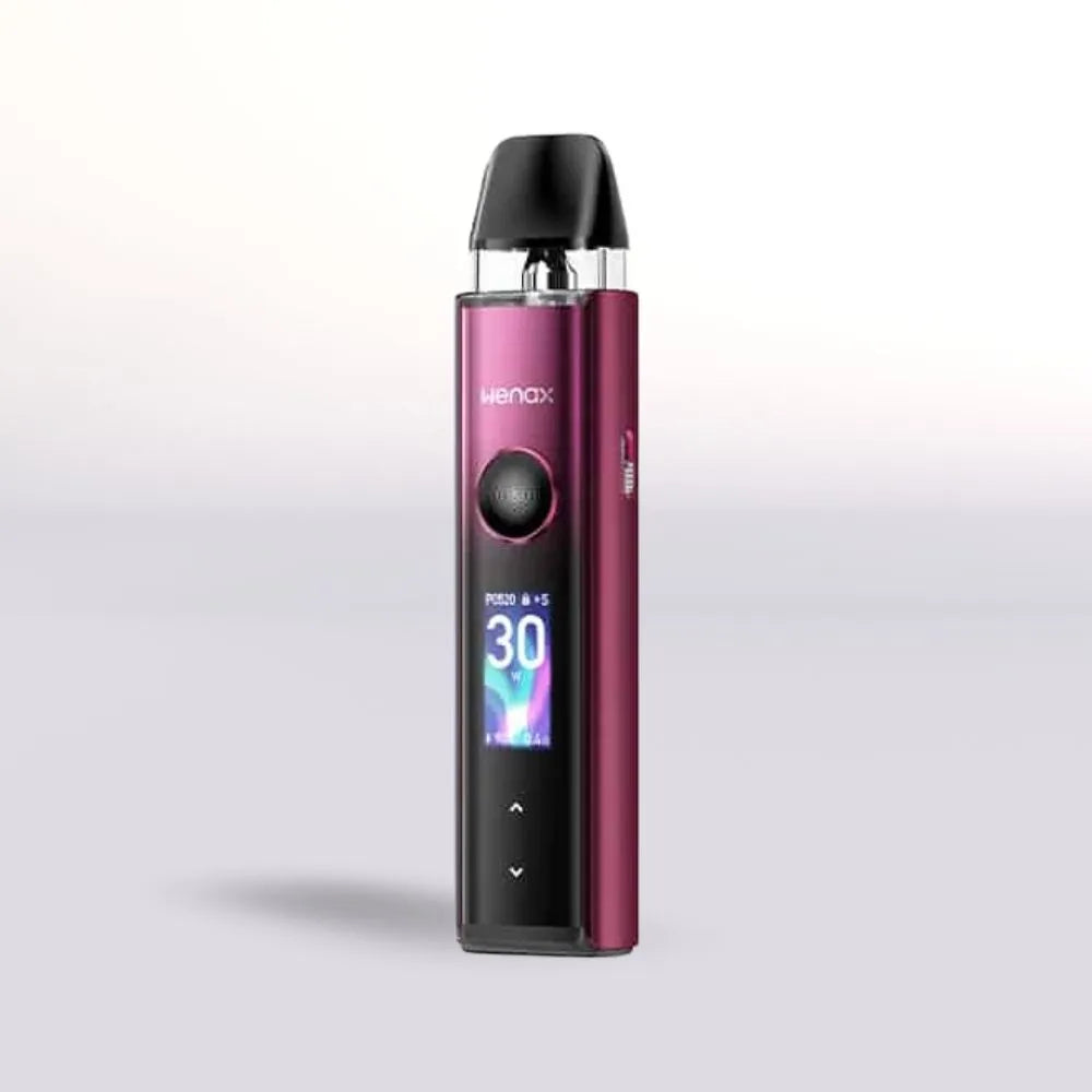 Red  Geek Vape Wenax Q Pro vape device with digital display on a light gray background