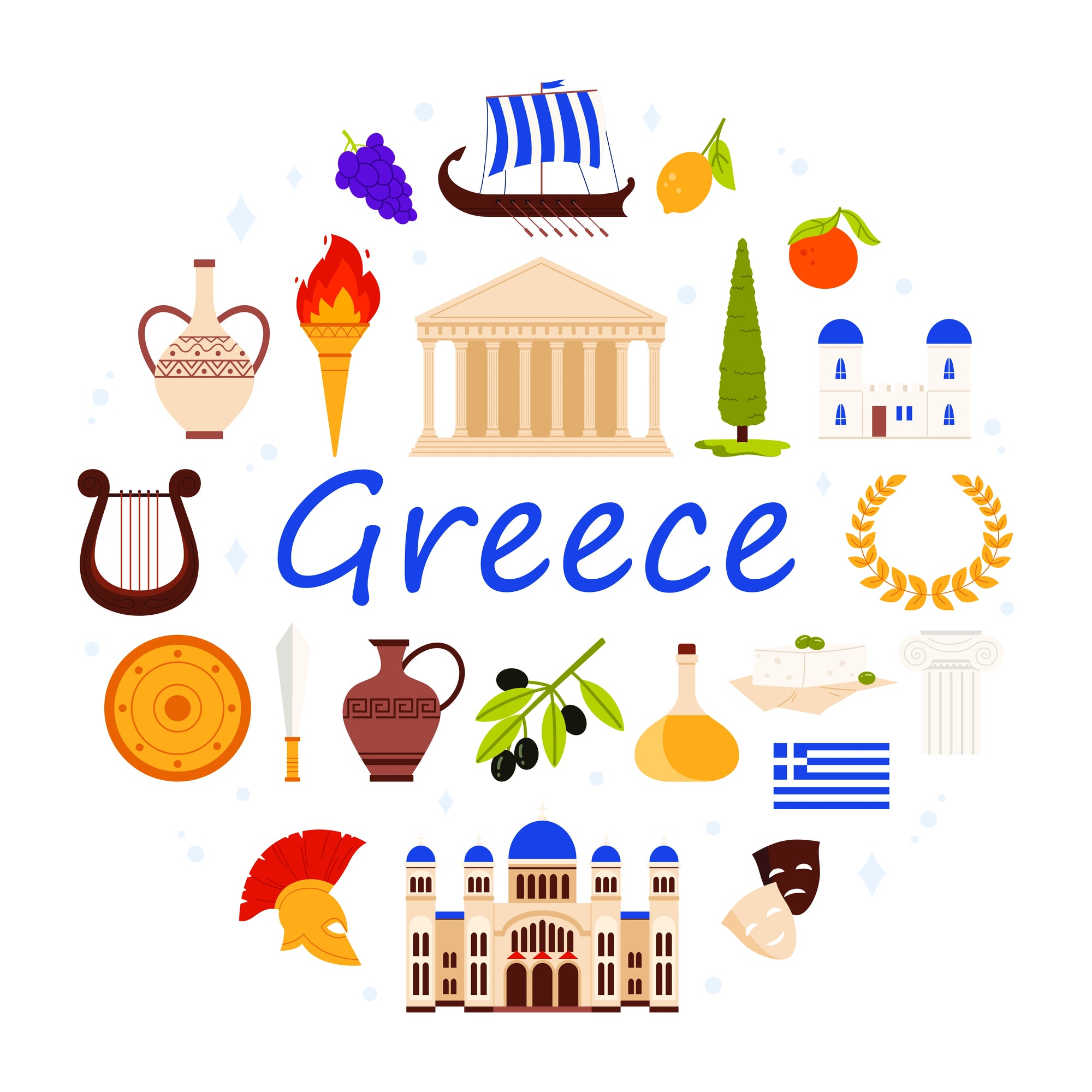 A cartoon depicting Greek landmarks and cultures