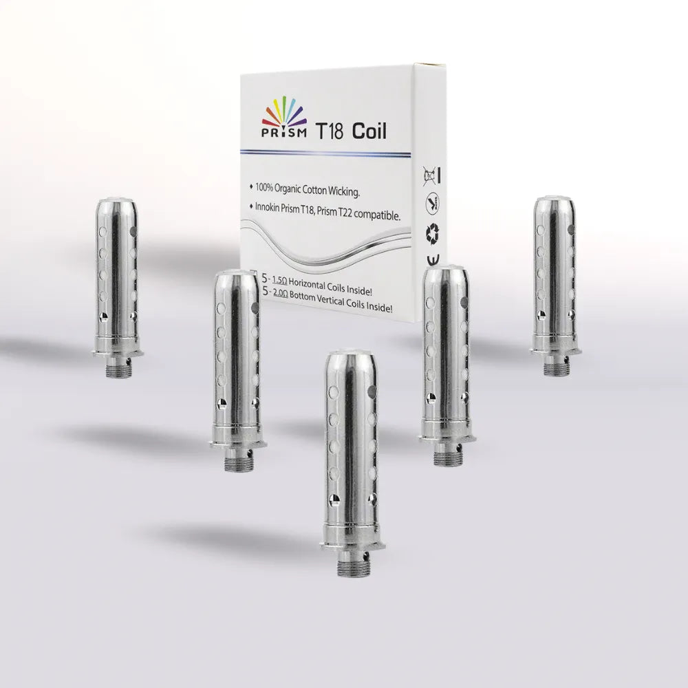 Prism T18 coil packaging with coils on a white background