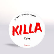 Killa Cola nicotine pouches packaging with red text on a white background 