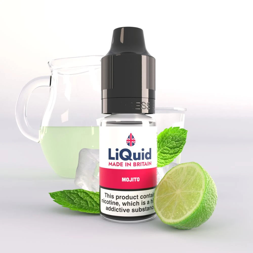 LiQuid Mojito vape juice bottle with a glass mug and lime on a white background