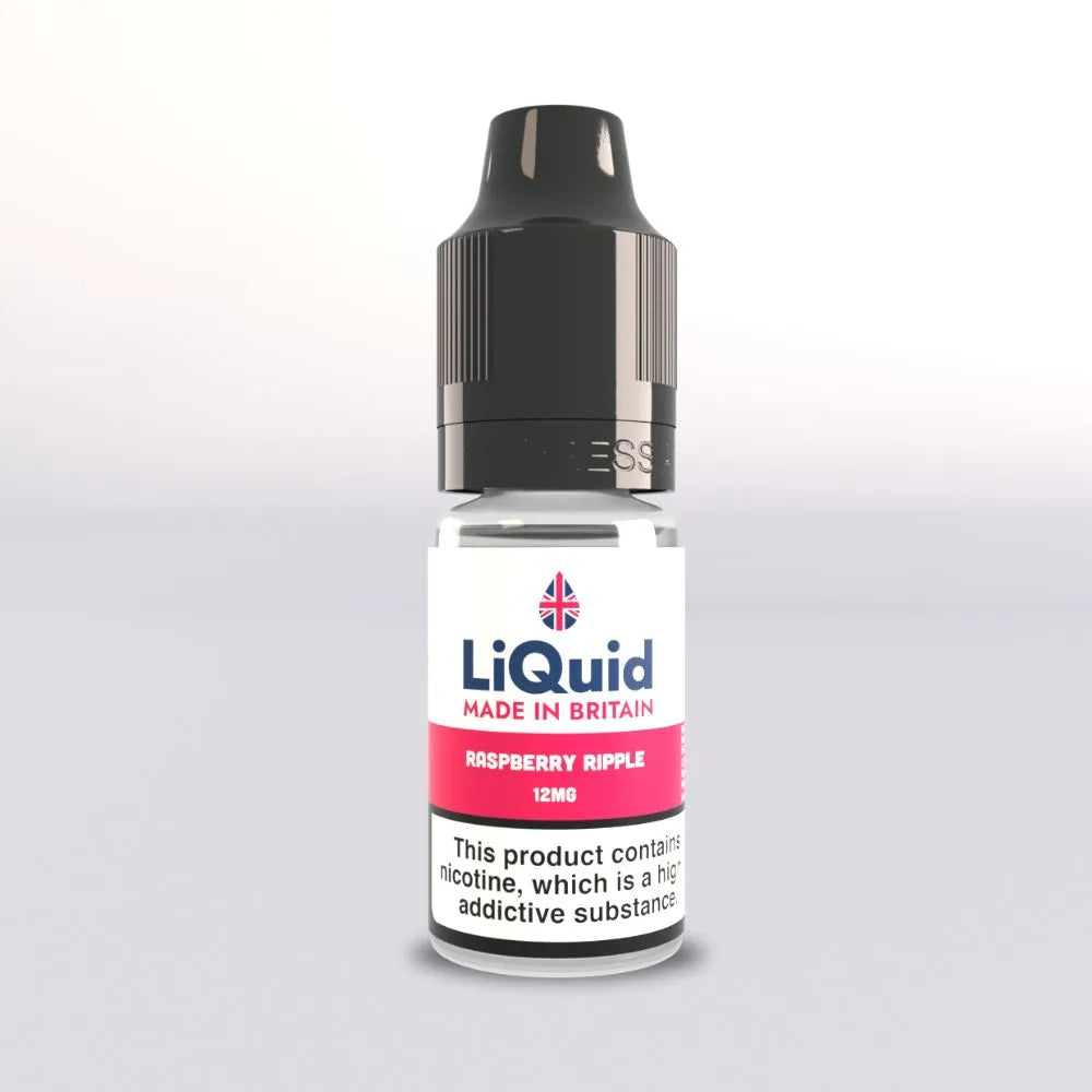 10ml E-liquid bottle with 'LiQuid' branding on a white background Raspberry Ripple 12mg