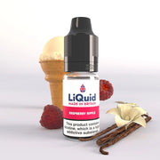 Bottle of LiQuid raspberry ripple e-liquid with ice cream cone, raspberries, and vanilla beans on a white background