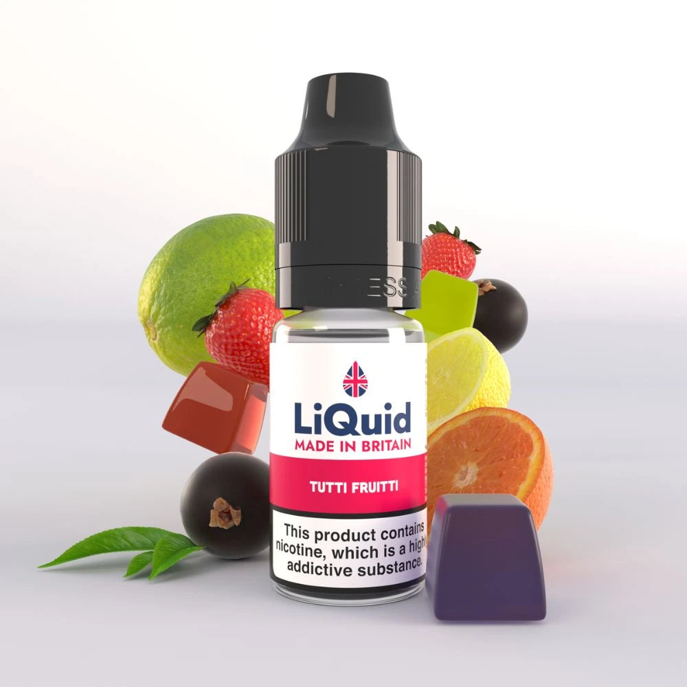 Bottle of LiQuid Tutti Fruitti e-liquid with fruit-themed design on a white background