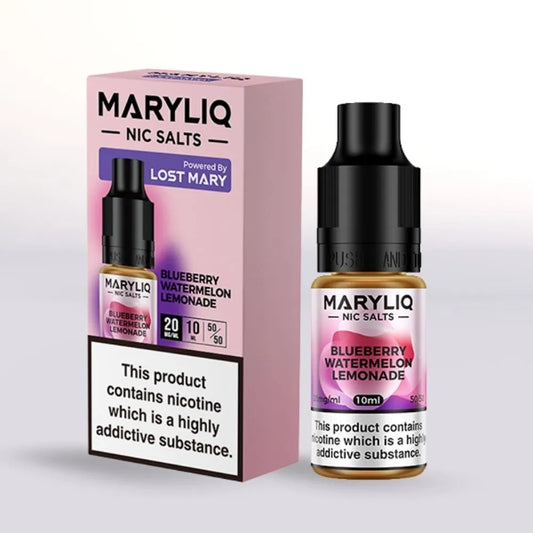 
MARYLIQ 20ml Nic Salts Blueberry Watermelon Lemonade e-liquid 10ml bottle and packaging on a white background