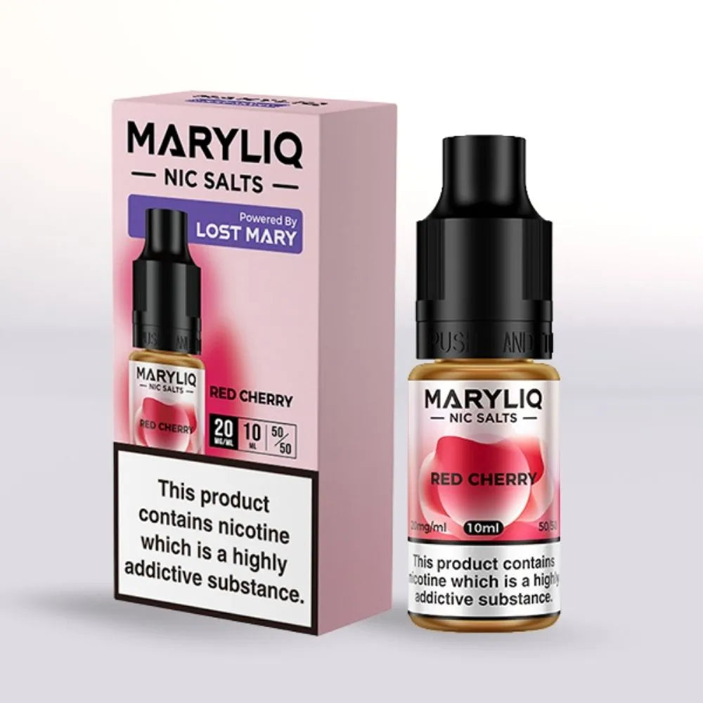 MARYLIQ 20mg Nic Salts Red Cherry e-liquid 10ml bottle and packaging on a white background