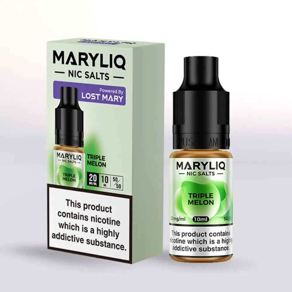 MARYLIQ Triple Mango 20mg Nic Salts 10ml bottle and packaging on a white background
