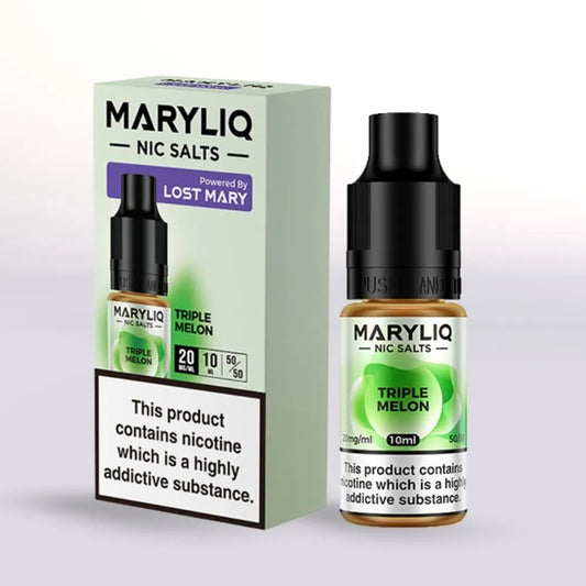 
MARYLIQ Triple Mango 20mg Nic Salts 10ml bottle and packaging on a white background