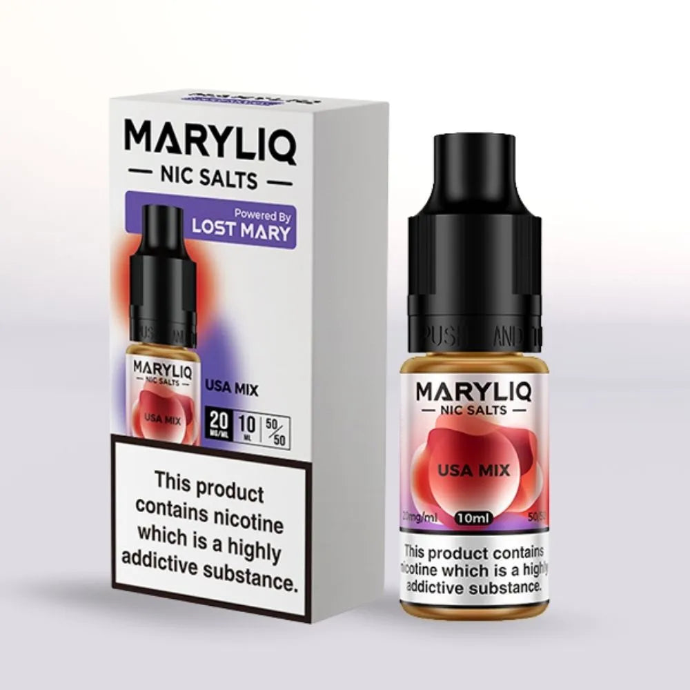 MARYLIQ 20mg USA Mix Nic Salts vape juice 10ml bottle and packaging on a white background