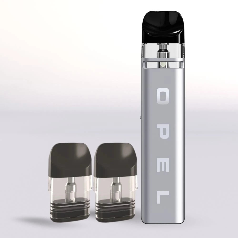 Opel vape device with two black pods on a light gray background. One Pound E-Liquid 