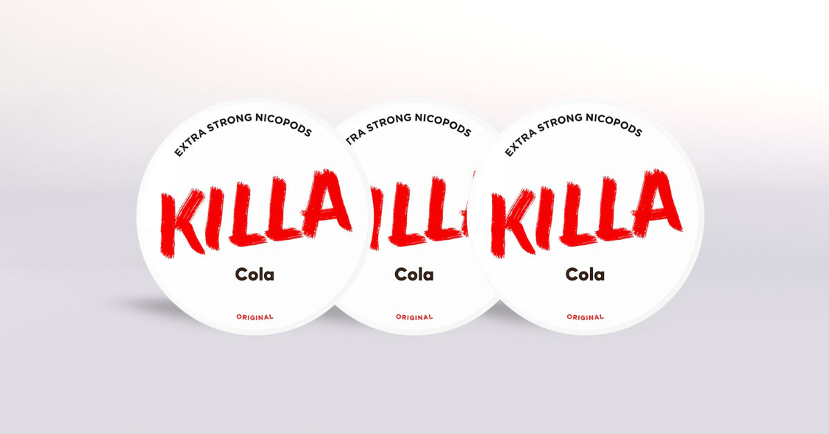 Three 'Killa Cola' nicotine pods with red text on a white background