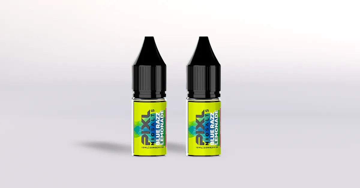 Two bottles of PIXL Nic Salts Blue Razz Lemonade E-Liquid on a white background
