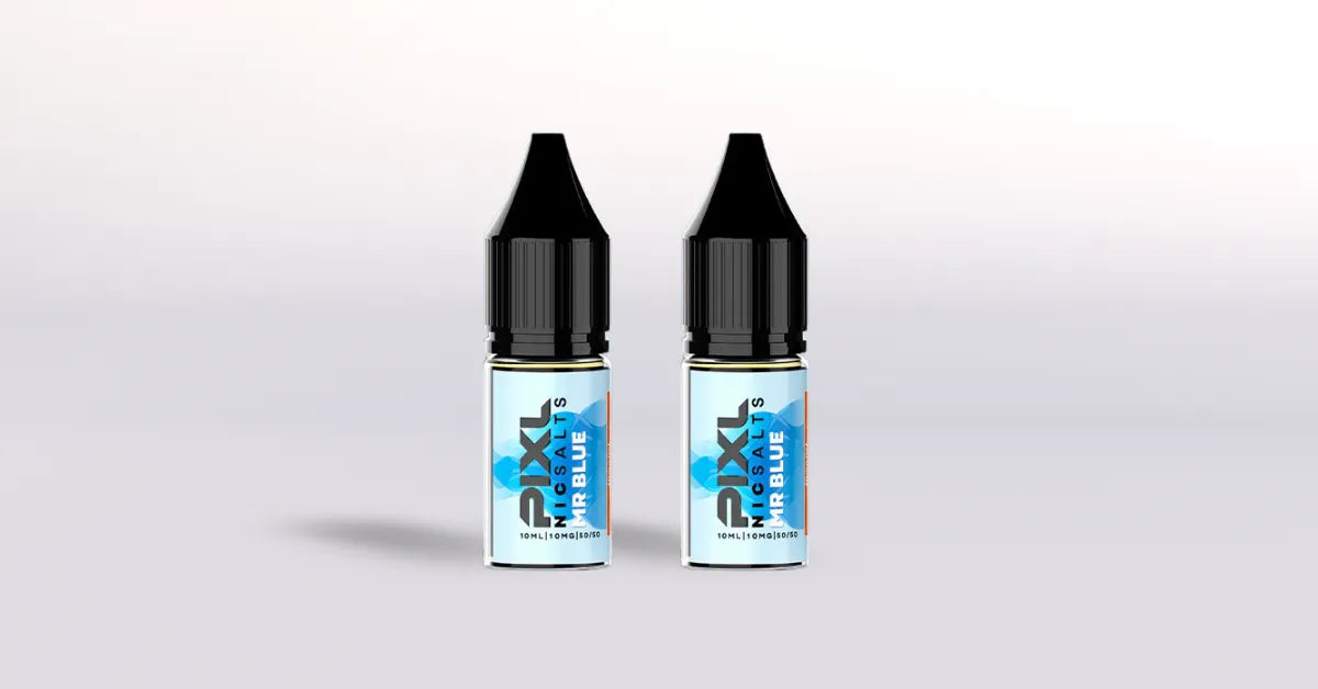 Two bottles of Pixli Mr Blue vape juice on a white background