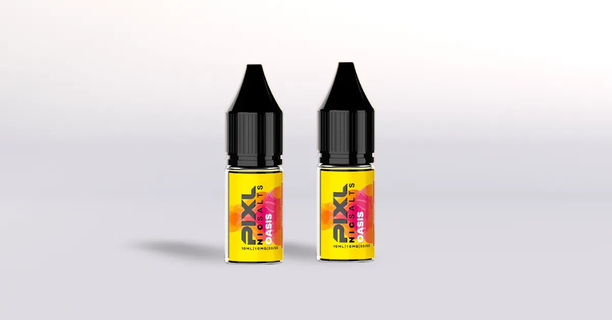 Two bottles of Pixil Max E-Liquid on a light gray background