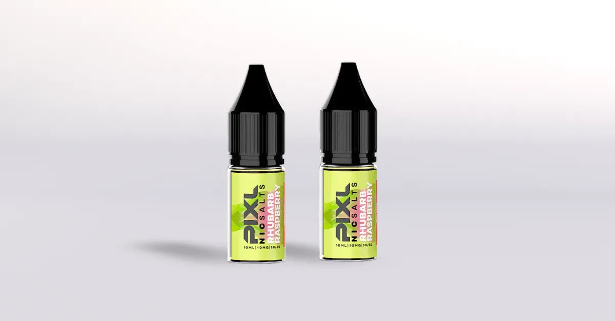 Two bottles of PIXL Rhubarb Raspberry vape juice on a light gray background