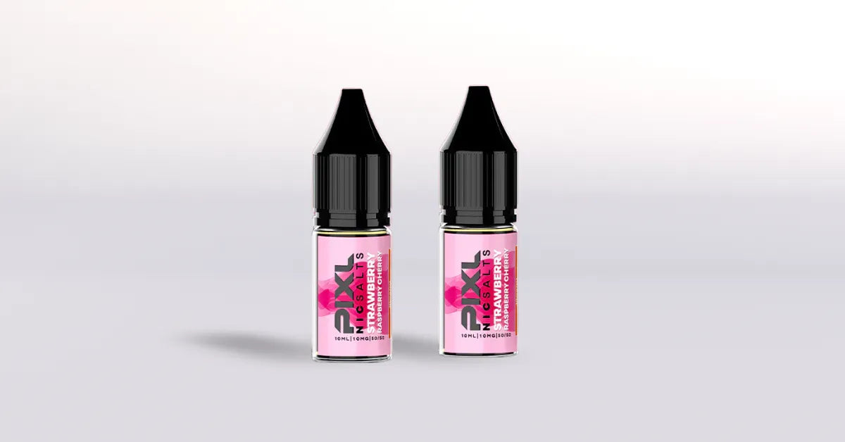 Two bottles of Pixl Nic Salts Strawberry vape juice on a white background