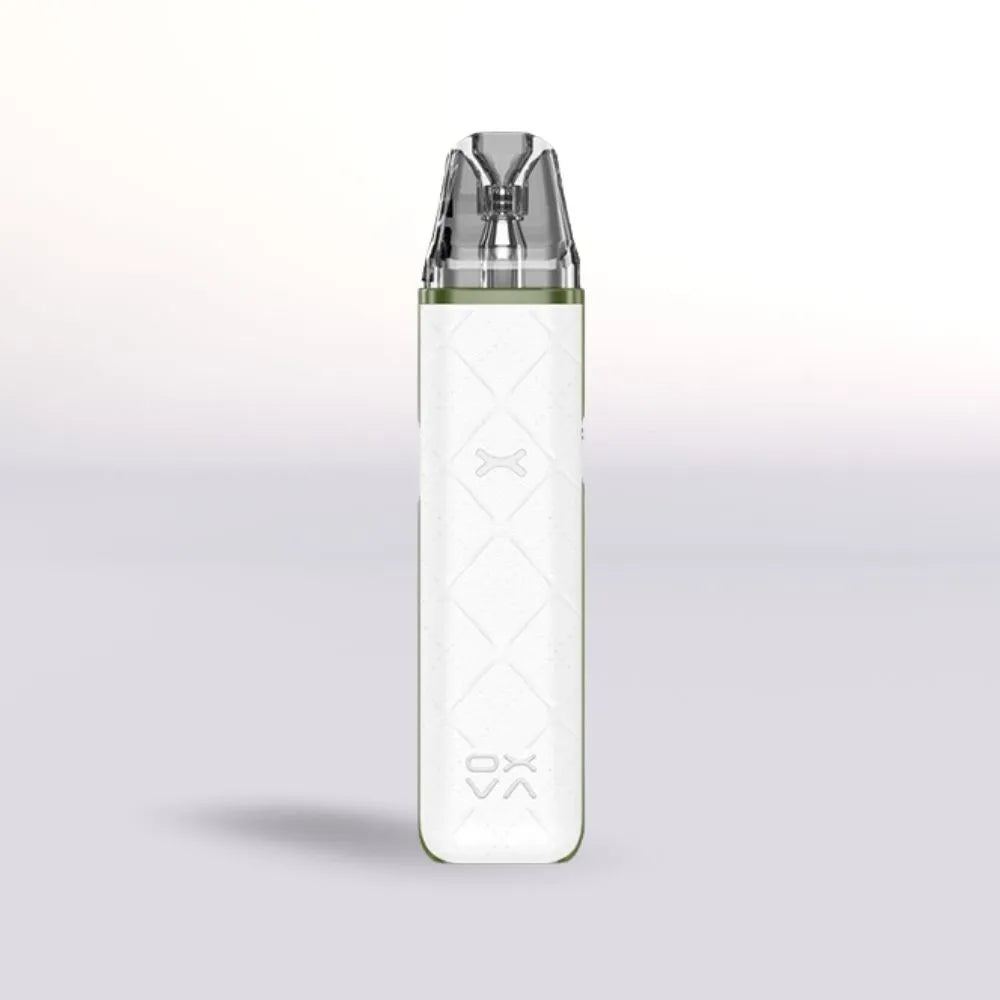  white Oxva Xlim Go Pod vape device with silver top on a light gray background