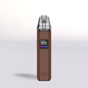 Oxva Xlim Pro Pod Brown Leather vape device with digital display on a light gray background
