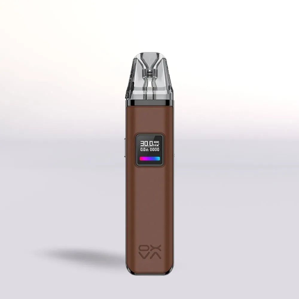 Oxva Xlim Pro Pod Brown Leather vape device with digital display on a light gray background
