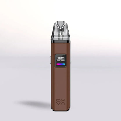 
Oxva Xlim Pro Pod Brown Leather vape device with digital display on a light gray background