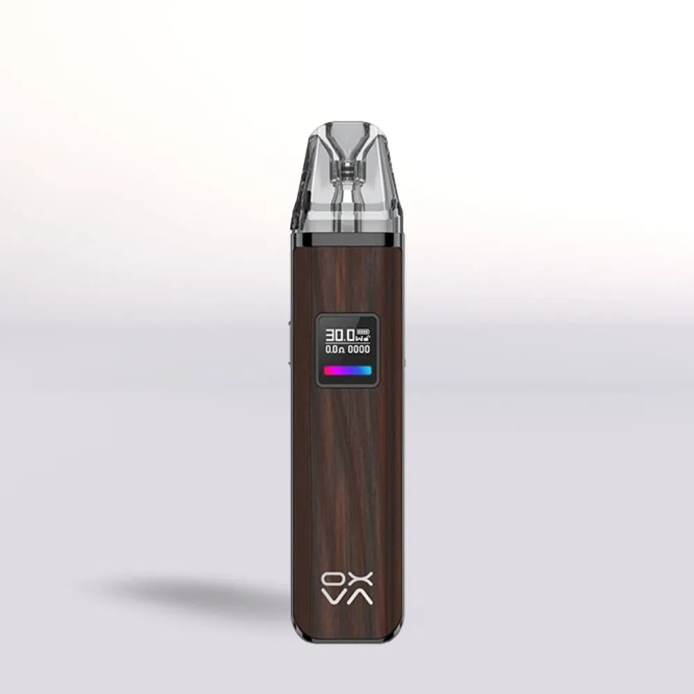 Oxva Xlim Pro Pod Brown wood vape device with digital display on a light gray background