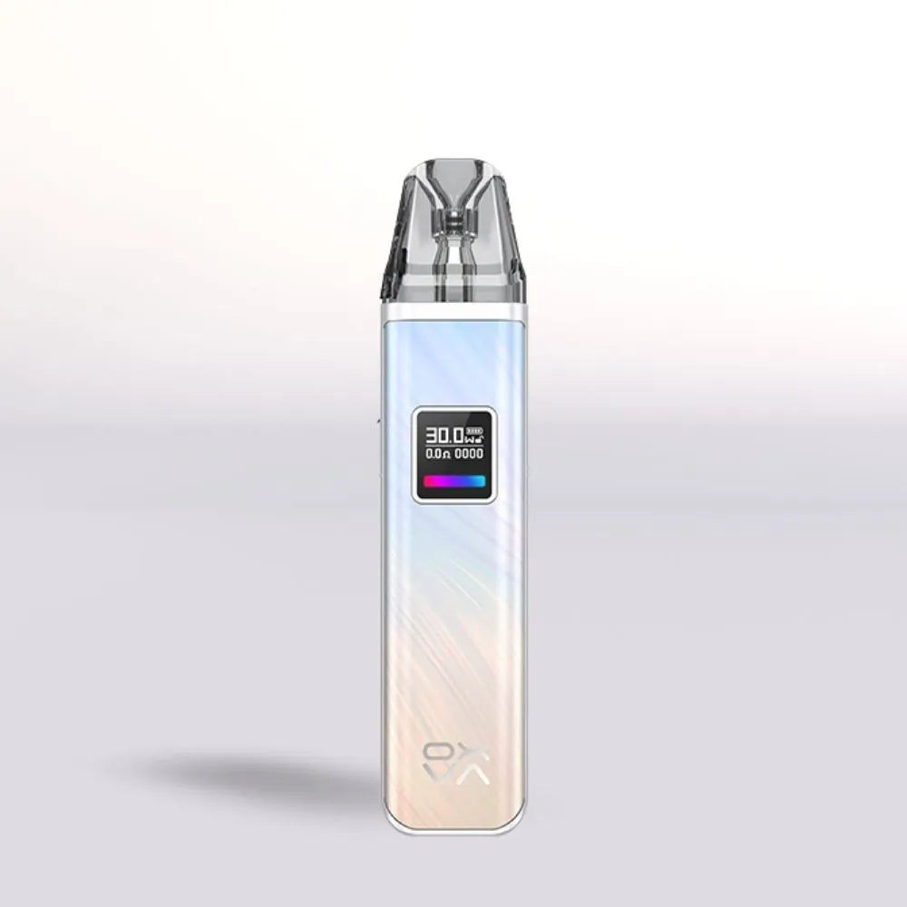 Oxva Xlim Pro Pod Fancy Feather Vape device with a digital display on a light gray background