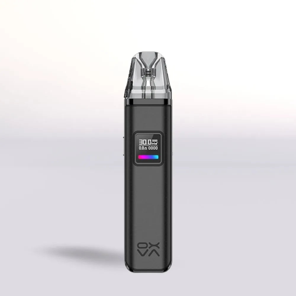 Oxva Xlim Pro Pod Grey Leather vape device with digital display on a light gray background